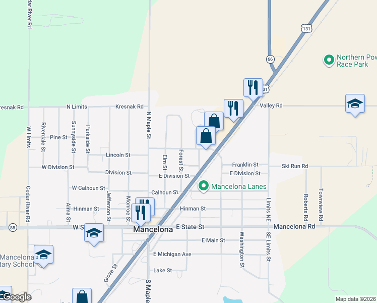 map of restaurants, bars, coffee shops, grocery stores, and more near 306 E Lincoln St in Mancelona