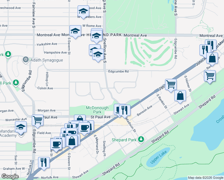 map of restaurants, bars, coffee shops, grocery stores, and more near 2075 Upper Saint Dennis Road in Saint Paul