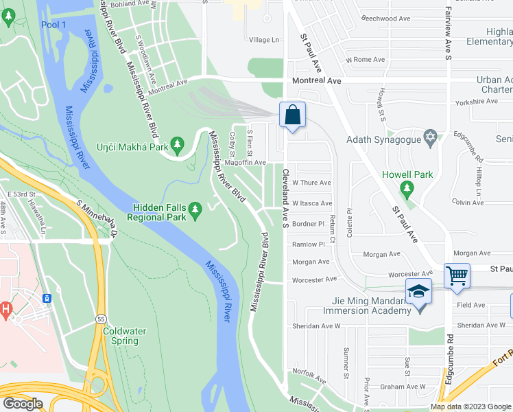 map of restaurants, bars, coffee shops, grocery stores, and more near 1414 Mississippi River Boulevard South in Saint Paul