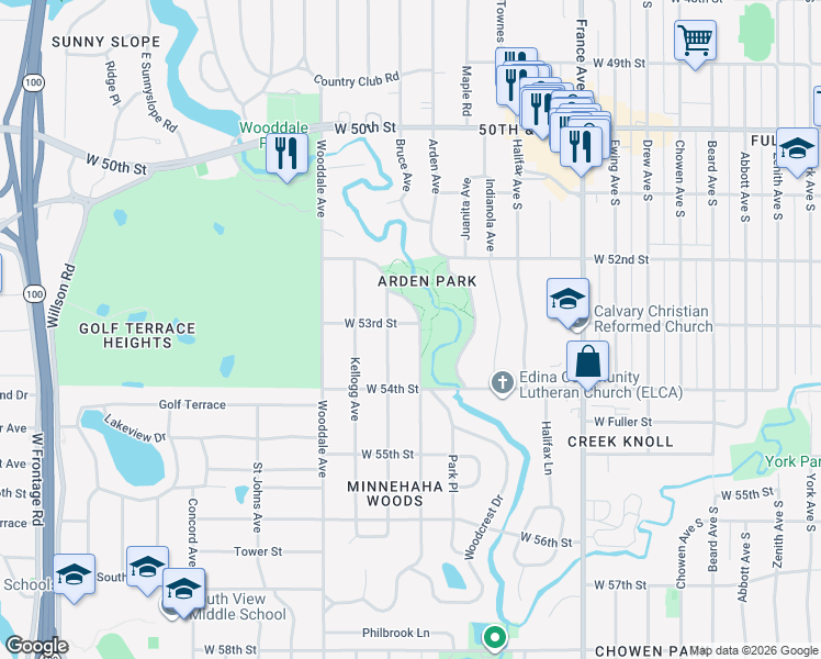 map of restaurants, bars, coffee shops, grocery stores, and more near 5300 Brookview Avenue in Minneapolis