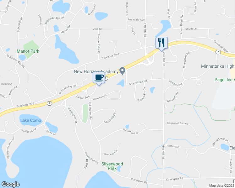 map of restaurants, bars, coffee shops, grocery stores, and more near 19685 Waterford Court in Shorewood