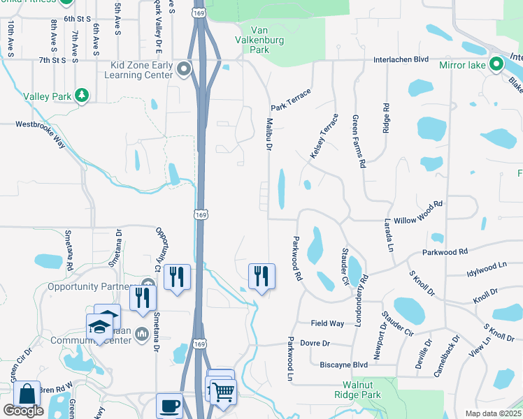map of restaurants, bars, coffee shops, grocery stores, and more near 5314 Malibu Drive in Minneapolis