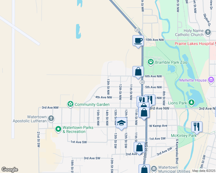 map of restaurants, bars, coffee shops, grocery stores, and more near 1299 5th Ave NW in Watertown
