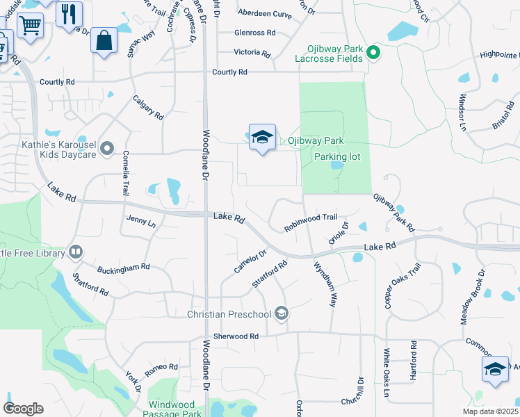 map of restaurants, bars, coffee shops, grocery stores, and more near 7070 Robinwood Trail in Woodbury