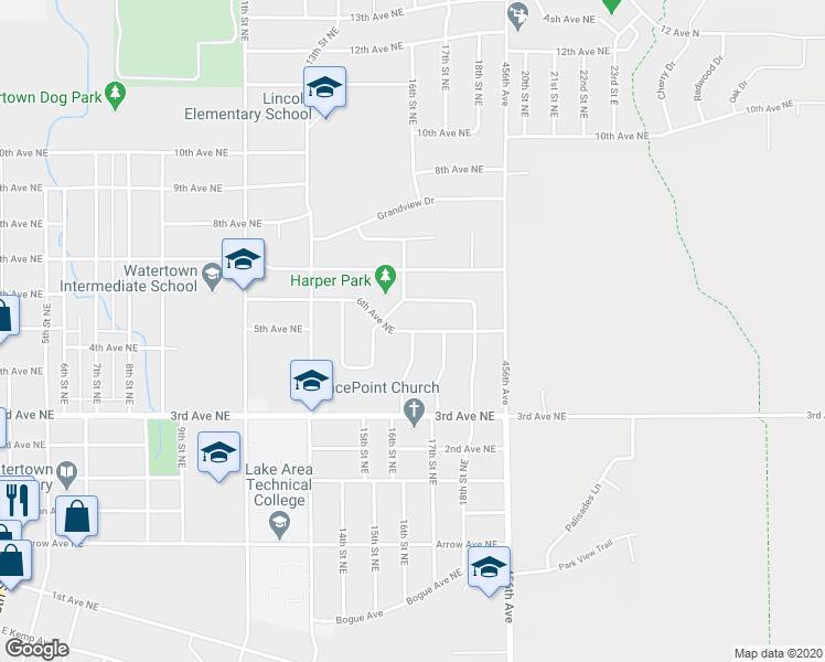 map of restaurants, bars, coffee shops, grocery stores, and more near 1599 6th Ave NE in Watertown