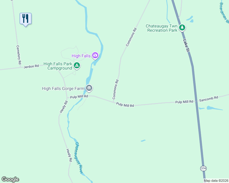 map of restaurants, bars, coffee shops, grocery stores, and more near Commons Road in Chateaugay