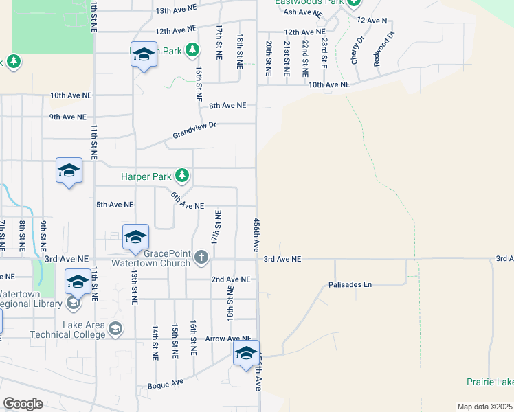 map of restaurants, bars, coffee shops, grocery stores, and more near 1899 6th Ave NE in Watertown