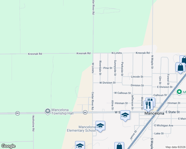 map of restaurants, bars, coffee shops, grocery stores, and more near 8667 Cedar River Road in Mancelona