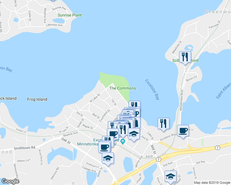 map of restaurants, bars, coffee shops, grocery stores, and more near 142 Lake Street in Excelsior