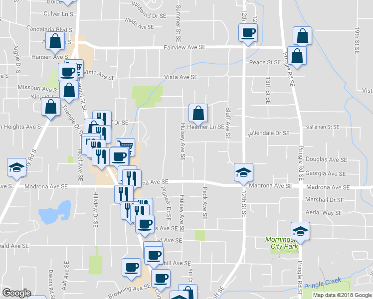 map of restaurants, bars, coffee shops, grocery stores, and more near 3398 Hulsey Avenue Southeast in Salem