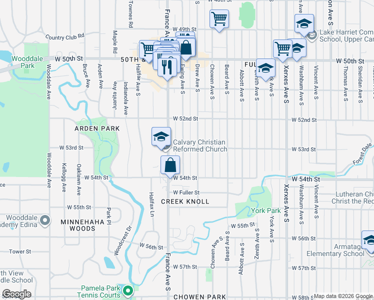 map of restaurants, bars, coffee shops, grocery stores, and more near 5300 Drew Avenue South in Minneapolis