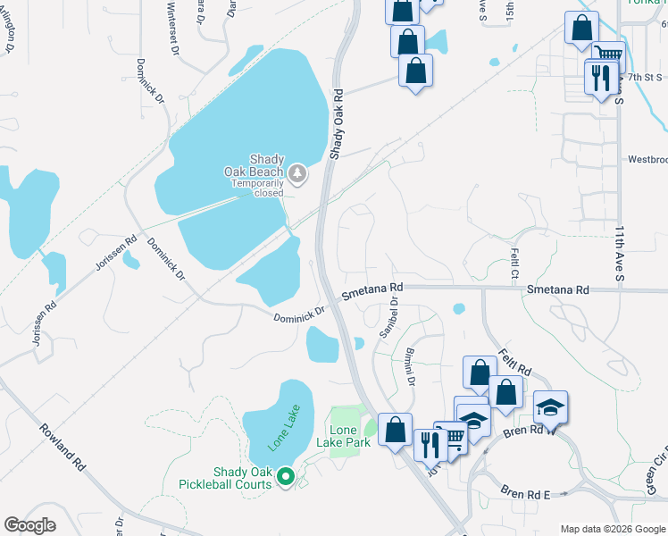 map of restaurants, bars, coffee shops, grocery stores, and more near 5228 Beachside Drive in Hopkins