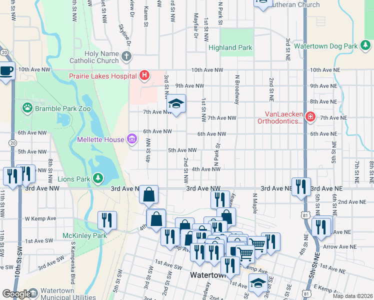 map of restaurants, bars, coffee shops, grocery stores, and more near 198 5th Ave NW in Watertown