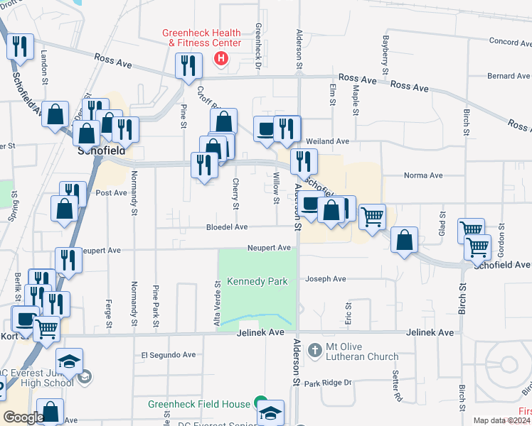 map of restaurants, bars, coffee shops, grocery stores, and more near 5510 Willow Street in Schofield