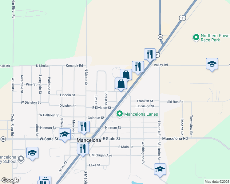 map of restaurants, bars, coffee shops, grocery stores, and more near 306 E Lincoln St in Mancelona