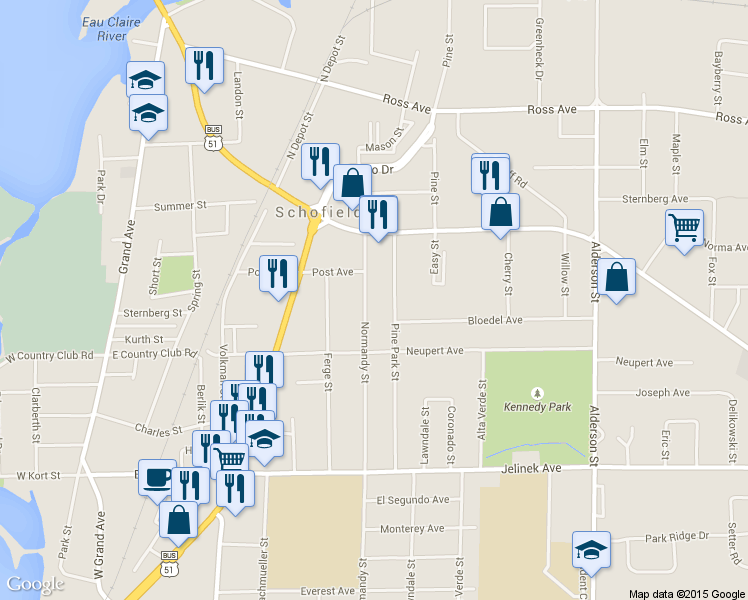 map of restaurants, bars, coffee shops, grocery stores, and more near 5507 Normandy Street in Schofield