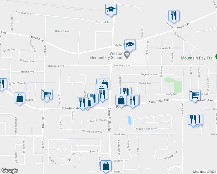 map of restaurants, bars, coffee shops, grocery stores, and more near 5504 Camp Phillips Road in Weston