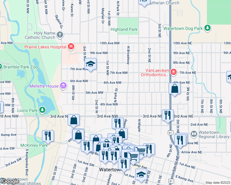 map of restaurants, bars, coffee shops, grocery stores, and more near 50 5th Avenue Northwest in Watertown