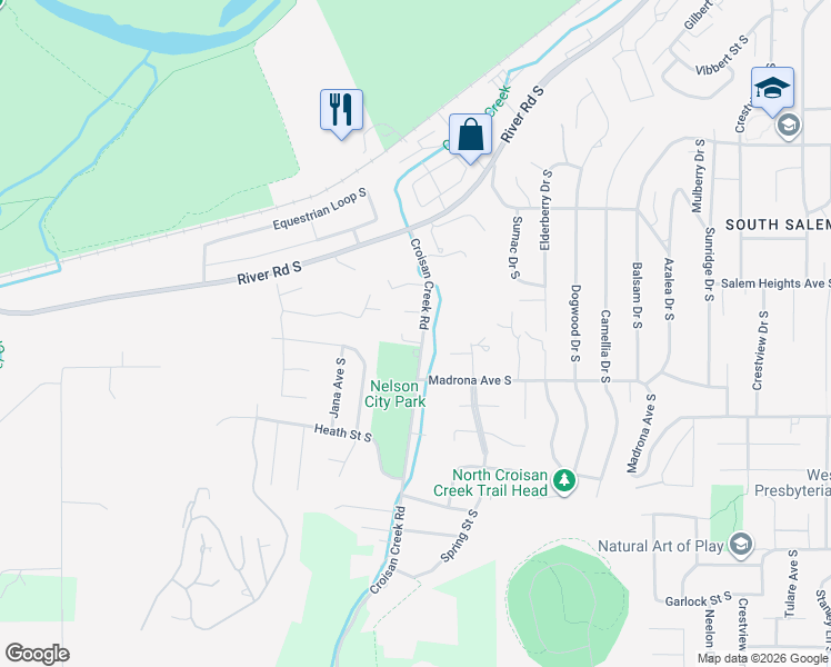 map of restaurants, bars, coffee shops, grocery stores, and more near 3391 Croisan Creek Road South in Salem