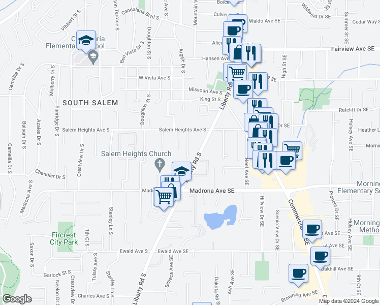 map of restaurants, bars, coffee shops, grocery stores, and more near 3380 Argyle Drive South in Salem