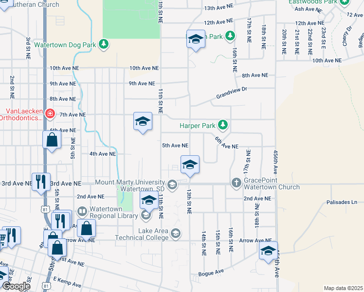 map of restaurants, bars, coffee shops, grocery stores, and more near 1208 5th Avenue Northeast in Watertown