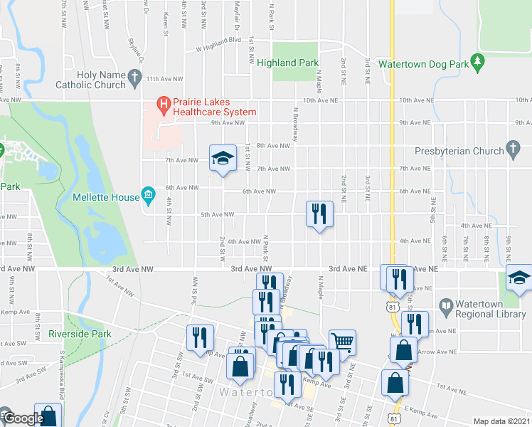 map of restaurants, bars, coffee shops, grocery stores, and more near 501 North Park Street in Watertown