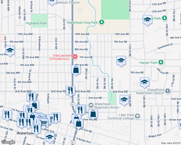 map of restaurants, bars, coffee shops, grocery stores, and more near 598 5th Ave NE in Watertown