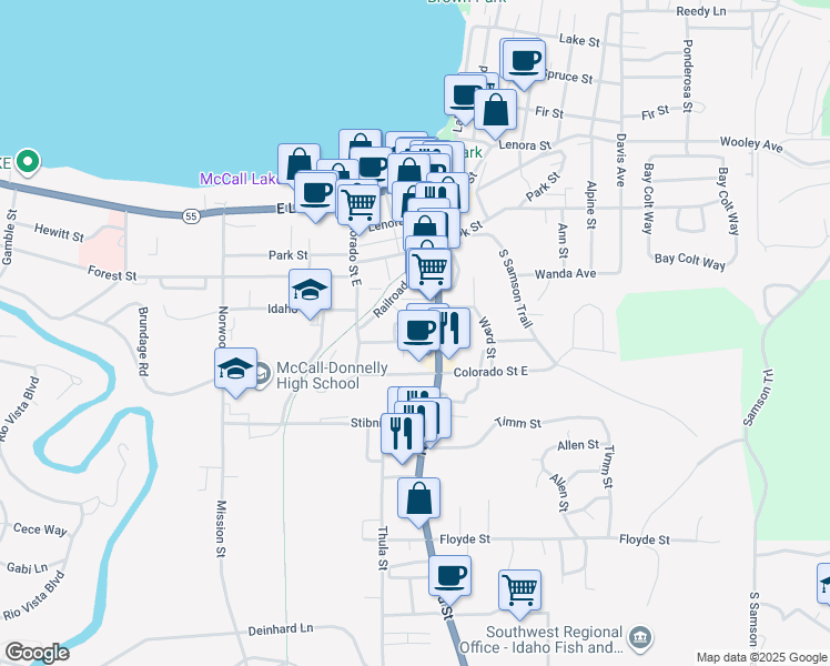 map of restaurants, bars, coffee shops, grocery stores, and more near 328 Silverpine Drive in McCall