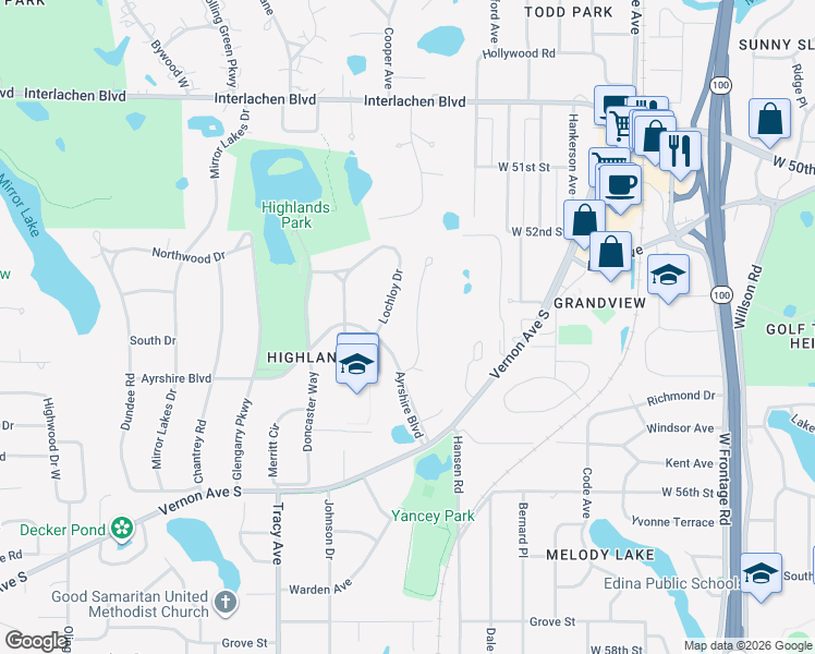 map of restaurants, bars, coffee shops, grocery stores, and more near 5224 Duncraig Road in Minneapolis