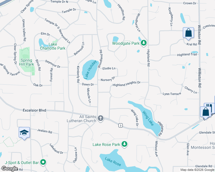 map of restaurants, bars, coffee shops, grocery stores, and more near 15800 Highland Heights Drive in Minnetonka