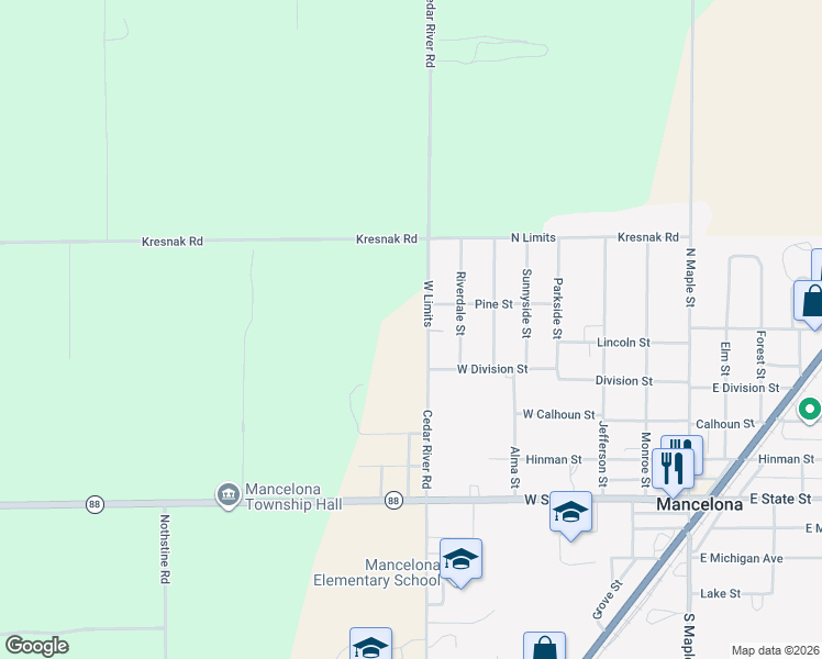 map of restaurants, bars, coffee shops, grocery stores, and more near 8667 Cedar River Road in Mancelona