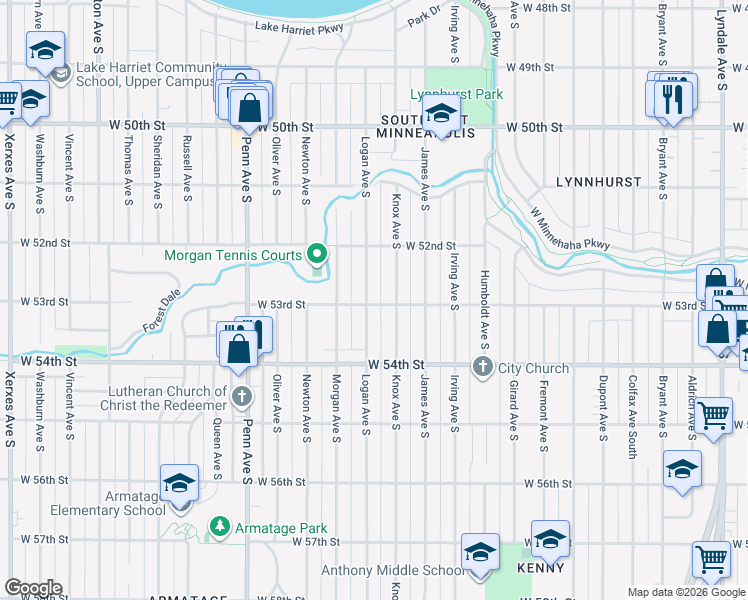 map of restaurants, bars, coffee shops, grocery stores, and more near 5257 Logan Avenue South in Minneapolis