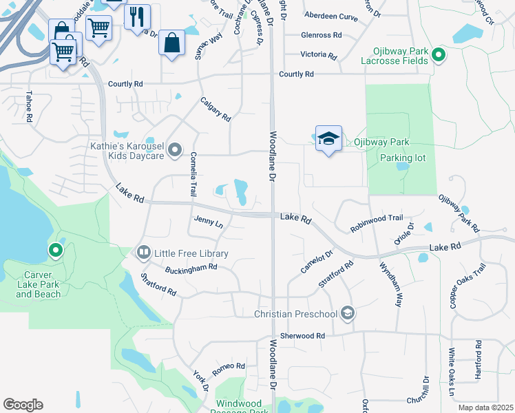 map of restaurants, bars, coffee shops, grocery stores, and more near 6938 Lake Terrace West in Woodbury