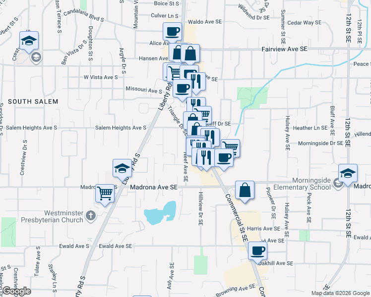 map of restaurants, bars, coffee shops, grocery stores, and more near 3365 Neef Avenue Southeast in Salem