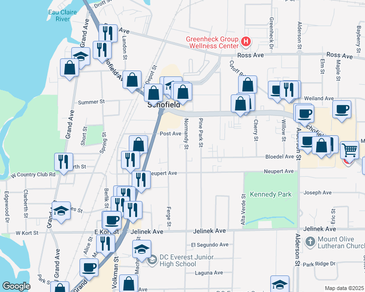 map of restaurants, bars, coffee shops, grocery stores, and more near 5507 Normandy Street in Schofield