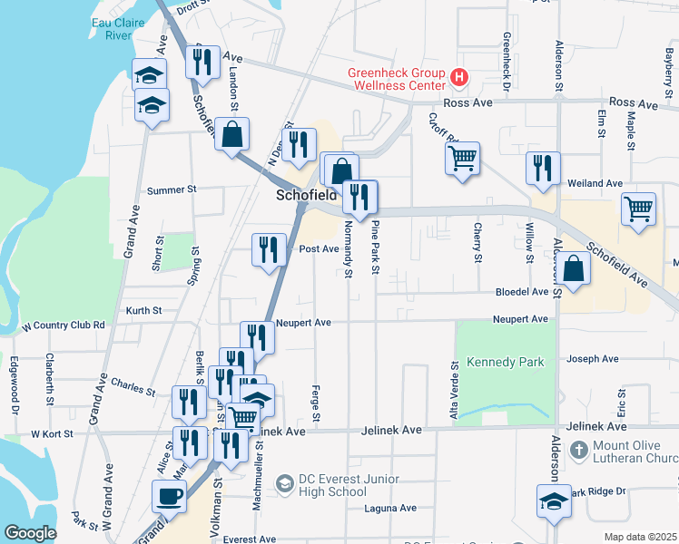 map of restaurants, bars, coffee shops, grocery stores, and more near 5507 Normandy Street in Schofield