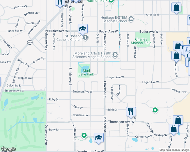 map of restaurants, bars, coffee shops, grocery stores, and more near 1292 Ohio Street in Saint Paul