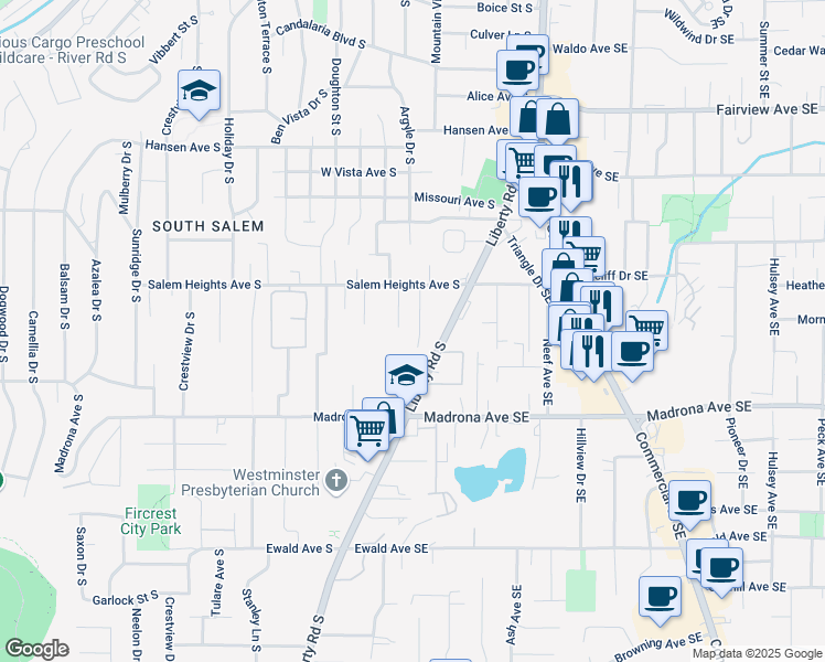 map of restaurants, bars, coffee shops, grocery stores, and more near 3380 Argyle Drive South in Salem