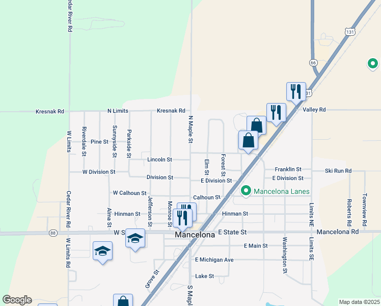 map of restaurants, bars, coffee shops, grocery stores, and more near 423 E Lincoln St in Mancelona