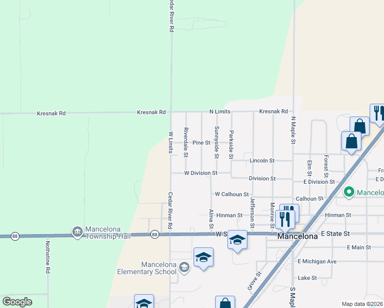 map of restaurants, bars, coffee shops, grocery stores, and more near 408 Riverdale Street in Mancelona