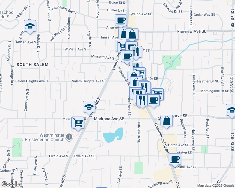 map of restaurants, bars, coffee shops, grocery stores, and more near 3382 Crawford Street Southeast in Salem