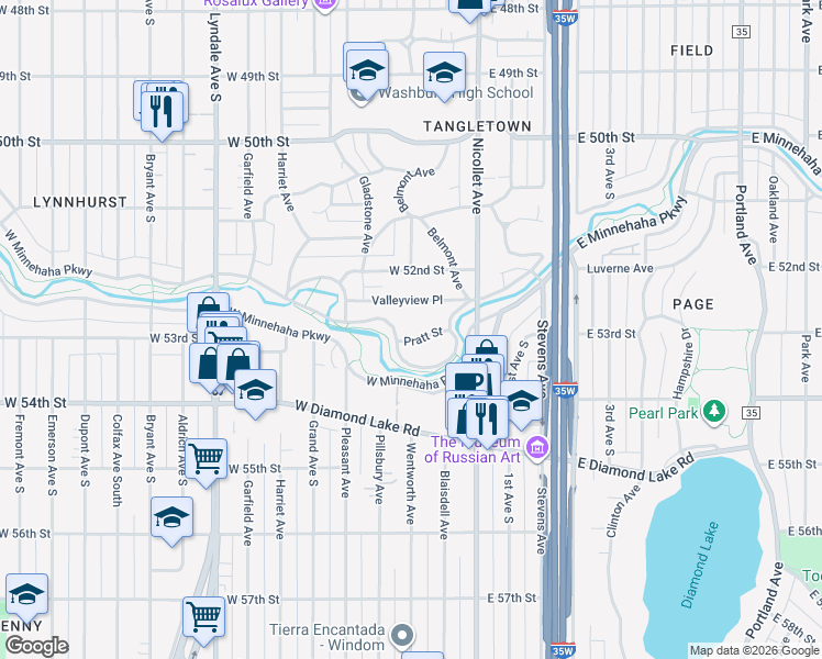 map of restaurants, bars, coffee shops, grocery stores, and more near 120 Pratt Street in Minneapolis
