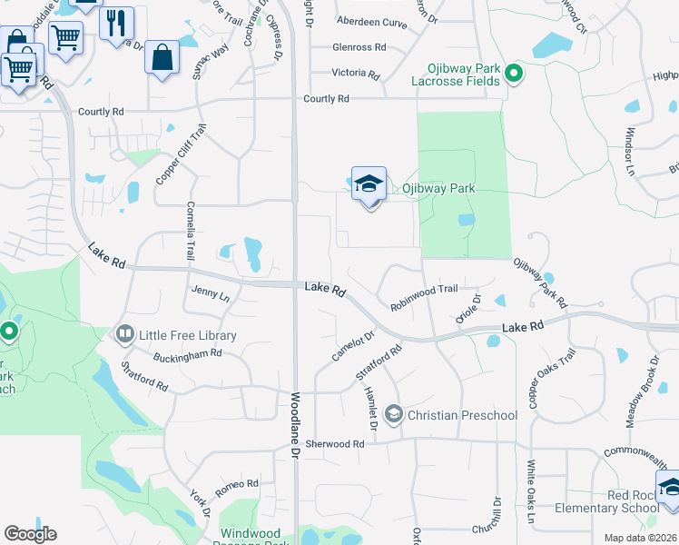 map of restaurants, bars, coffee shops, grocery stores, and more near 7057 Robinwood Trail in Woodbury