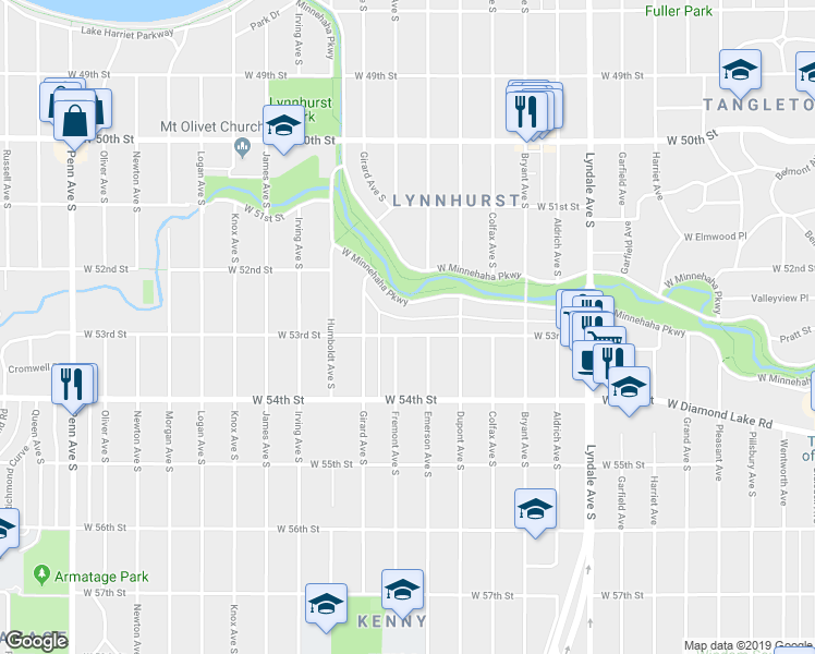 map of restaurants, bars, coffee shops, grocery stores, and more near 1214 West 53rd Street in Minneapolis