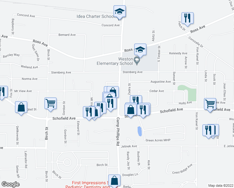 map of restaurants, bars, coffee shops, grocery stores, and more near 5502 Camp Phillips Road in Weston