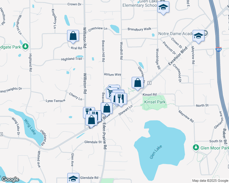 map of restaurants, bars, coffee shops, grocery stores, and more near 5300 Woodhill Road in Minnetonka