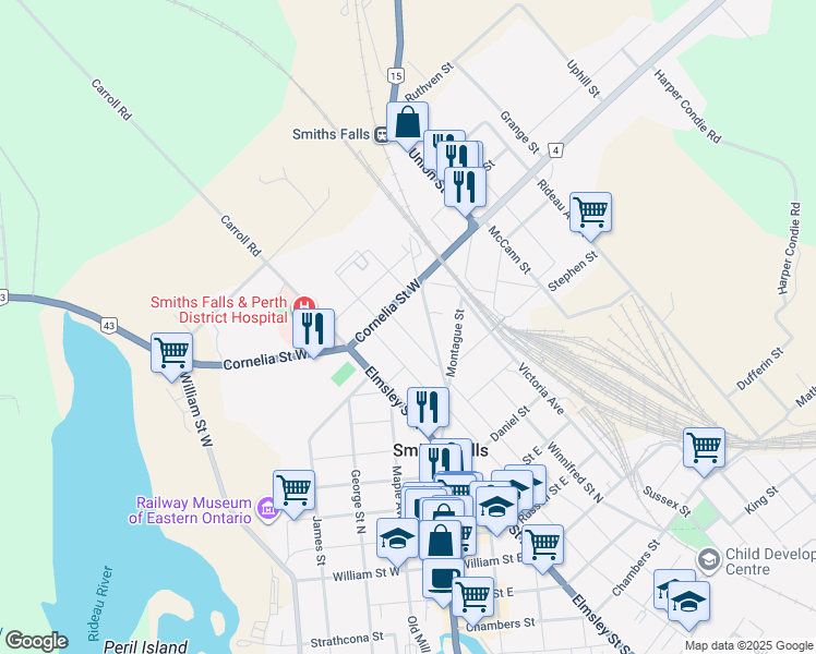 map of restaurants, bars, coffee shops, grocery stores, and more near 33 Kensington Avenue in Smiths Falls