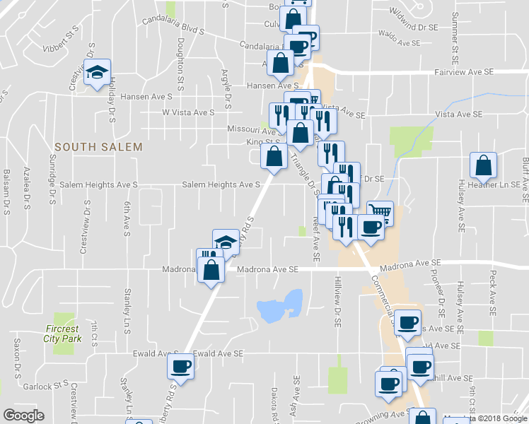 map of restaurants, bars, coffee shops, grocery stores, and more near 3300 Liberty Road South in Salem