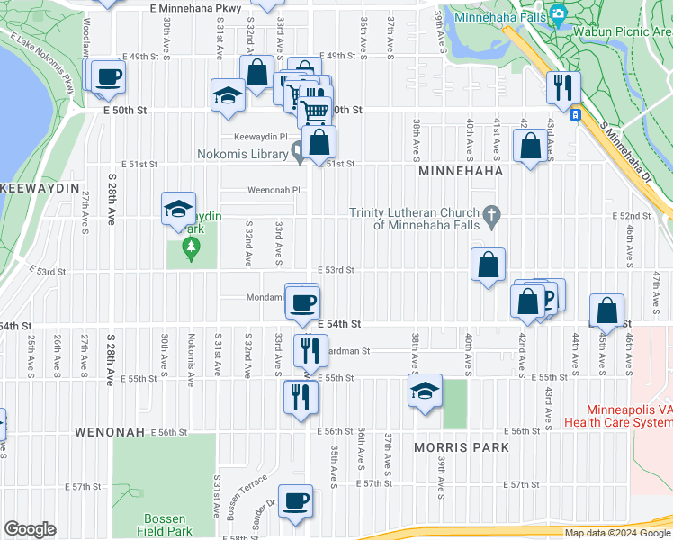 map of restaurants, bars, coffee shops, grocery stores, and more near 3500 East 53rd Street in Minneapolis