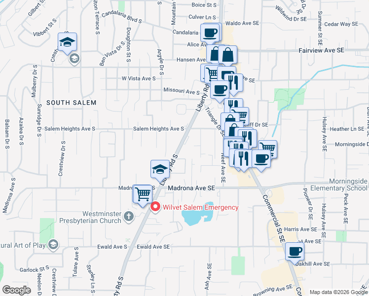 map of restaurants, bars, coffee shops, grocery stores, and more near 3320 Liberty Road South in Salem